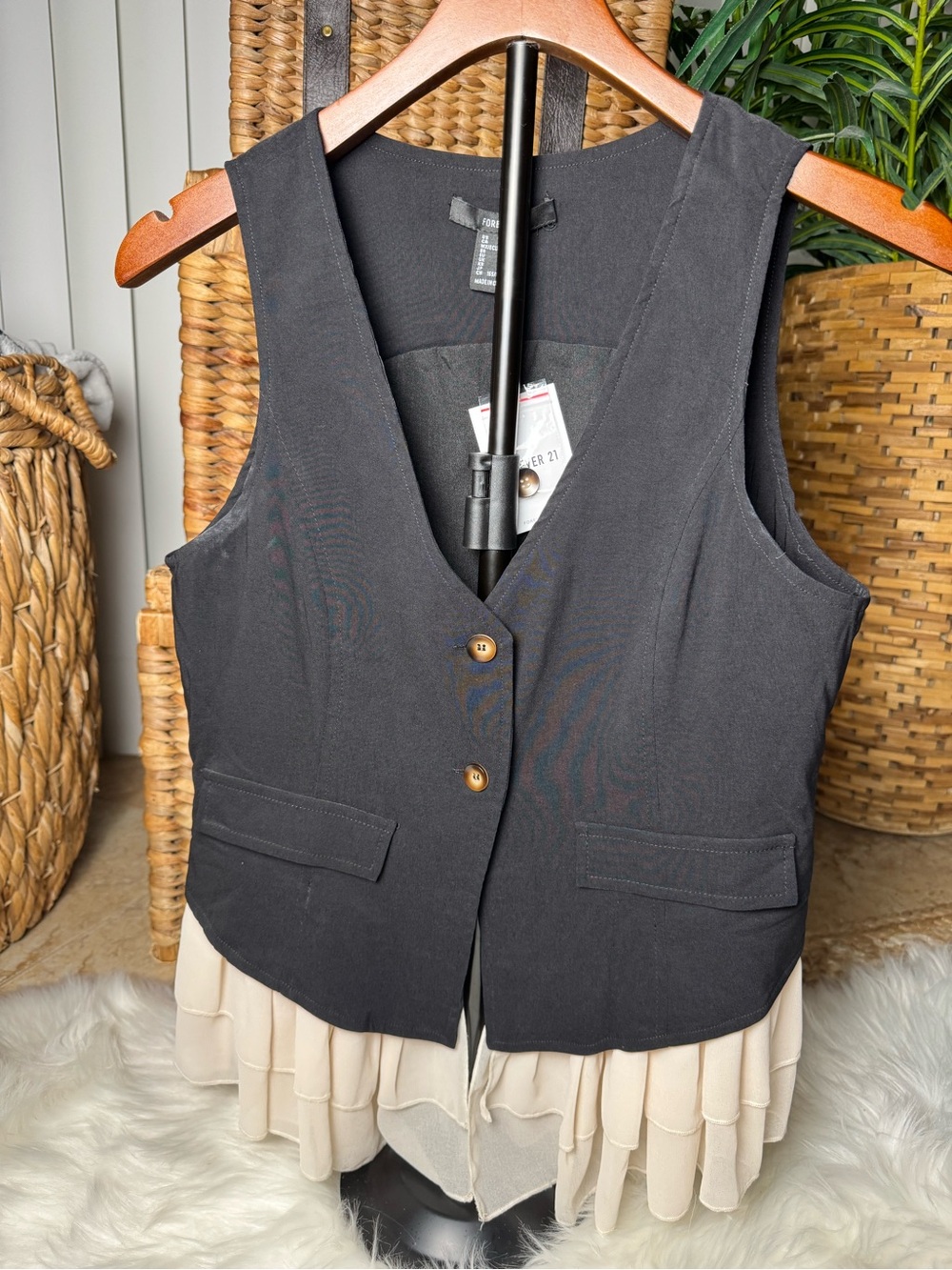 Forever 21 Black Ruffle Hem Vest with Cream Trim